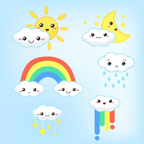 Prévisions météo kawaii dessin animé nuages arc-en-ciel, soleil et lune qui semblent mignons et colorés. vecteur