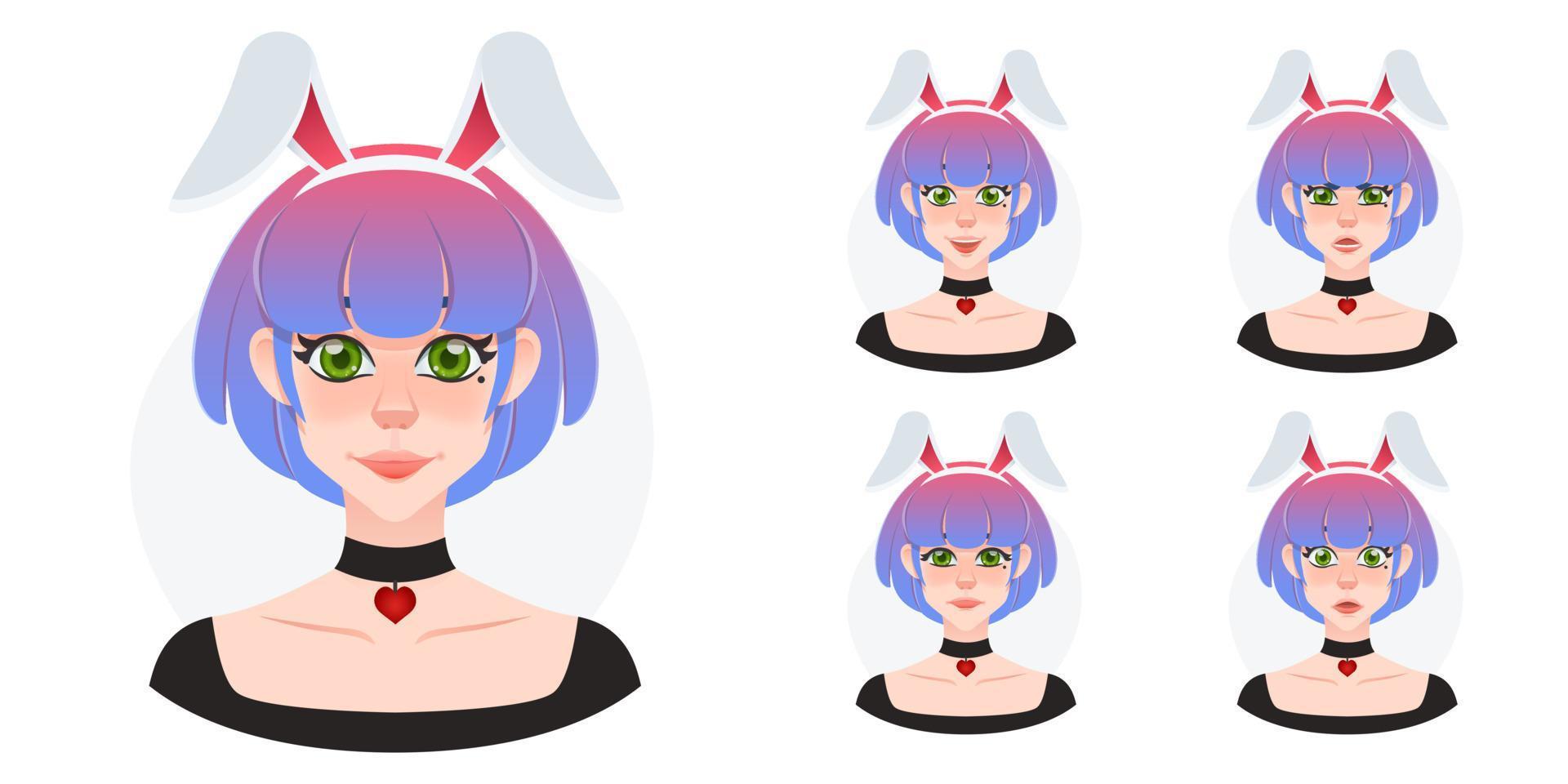 collection d'avatar de dessin animé de jolie jeune femme. beauté des cheveux courts avec ensemble d'expressions accessoires d'oreilles de lapin. fille au pays des merveilles. coiffure dégradée vecteur