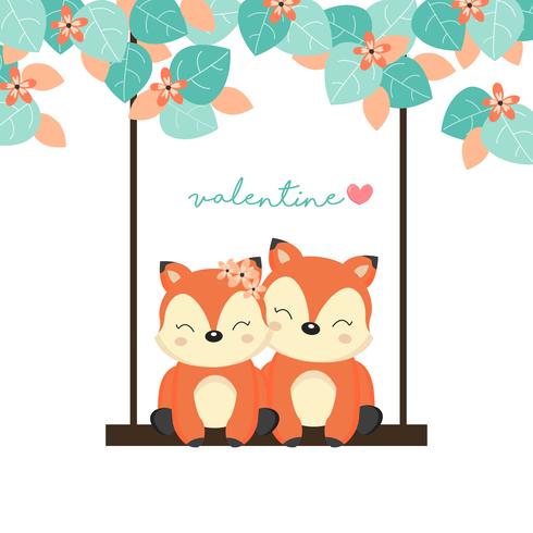 Cartes de la Saint-Valentin. Couple de renards sur balançoire dans la forêt. vecteur