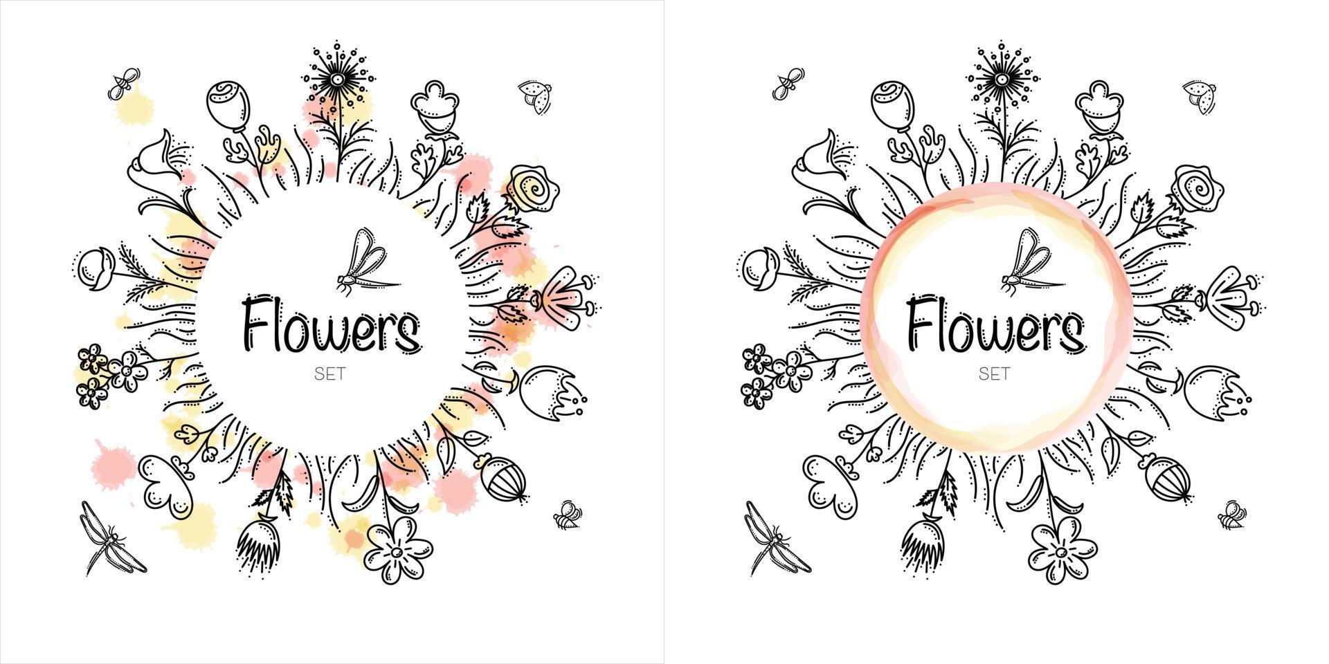 cadre de fleurs dessinées à la main avec des abeilles, des coccinelles et des libellules vecteur