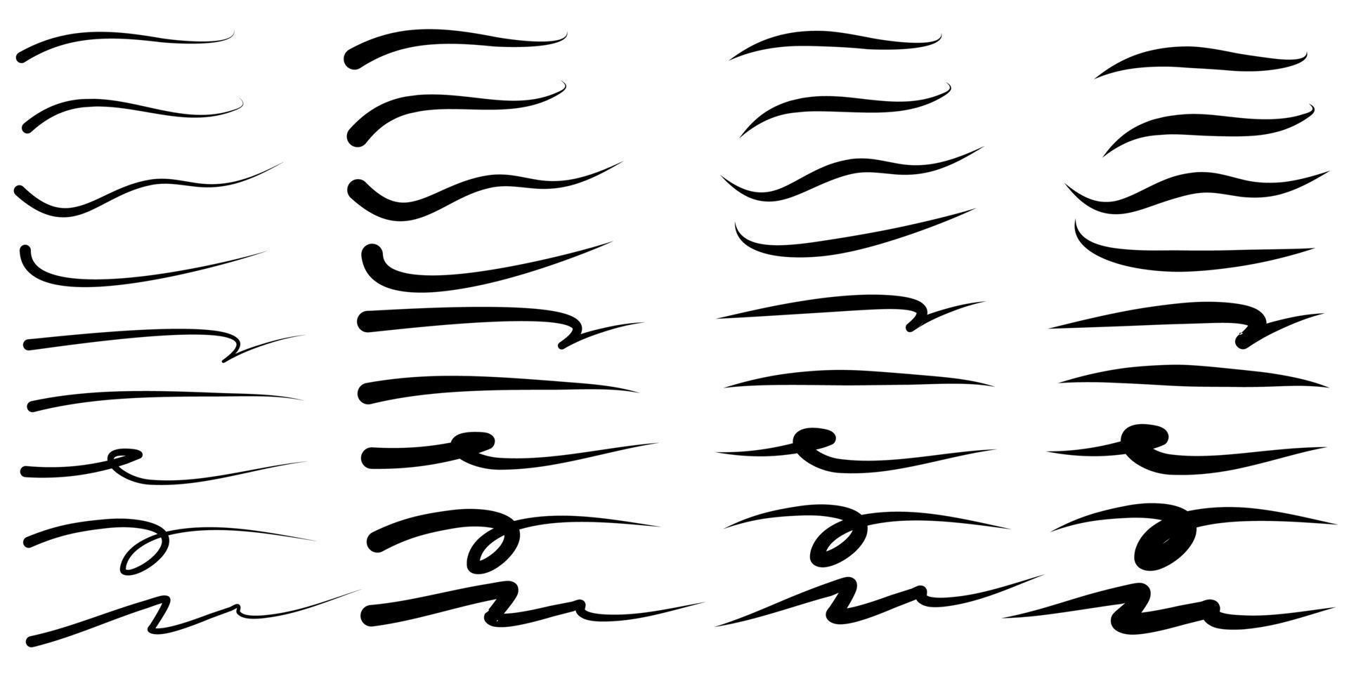 ensemble de soulignements vectoriels dessinés à la main, traits de marqueur de surligneur, swoops, marques de brosse à vagues ensemble de griffonnage abstrait pour votre conception vecteur