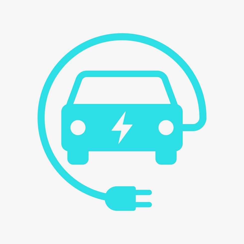 icône de vecteur de charge de puissance de véhicule électrique isolé sur fond blanc. symbole de la voiture électrique. icône de voiture électrique avec câble de charge en forme de cercle