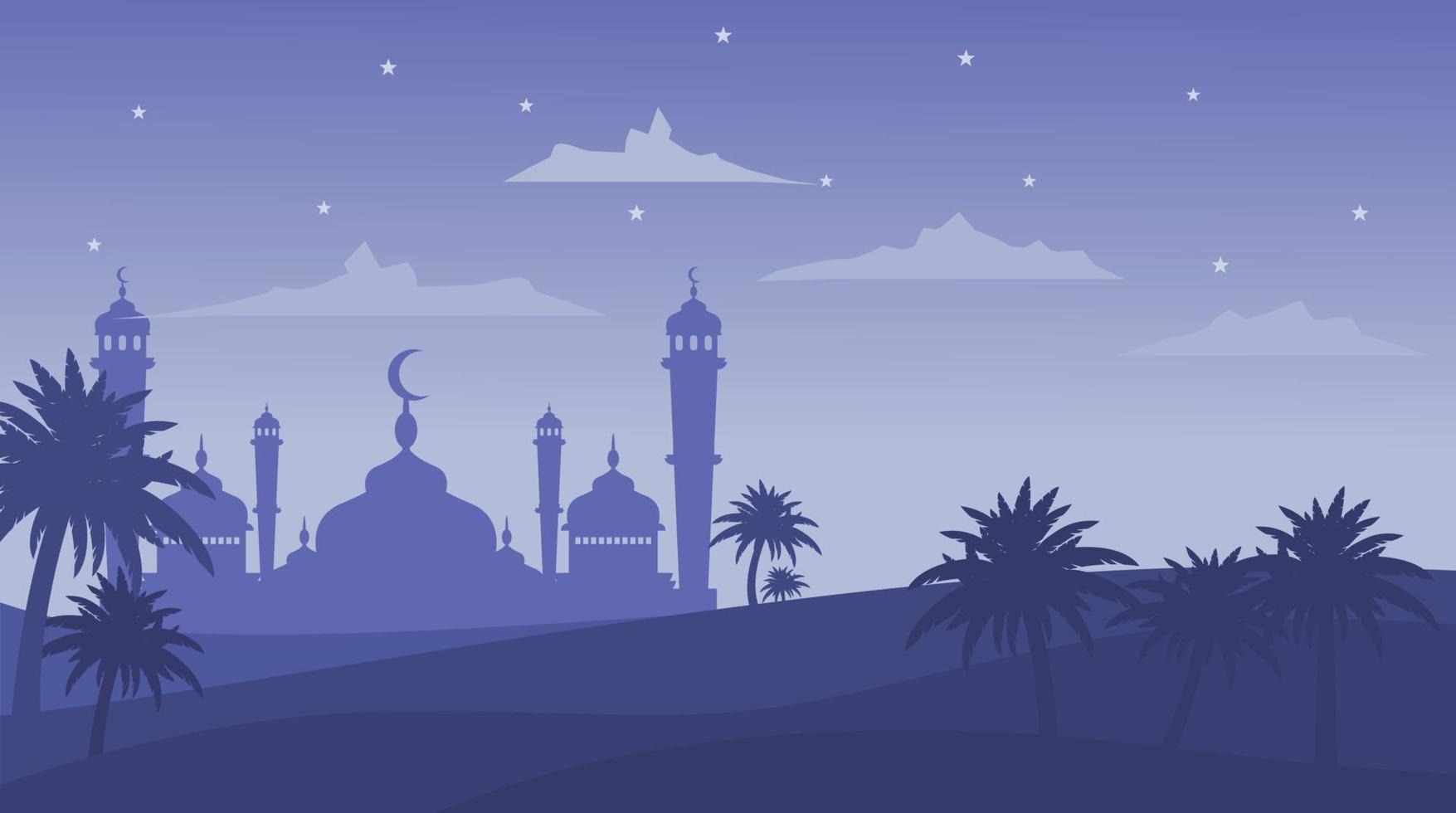 mosquée islamique paysage urbain caractères arabes sur fond de belle silhouette - ramadan kareem. vecteur