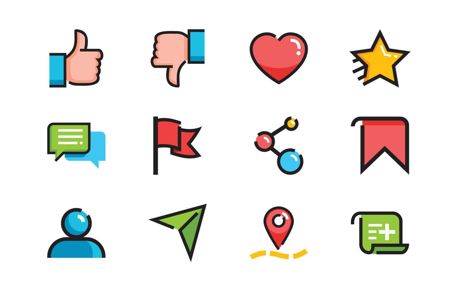 réactions et actions des médias sociaux ensemble d'icônes colorées vecteur