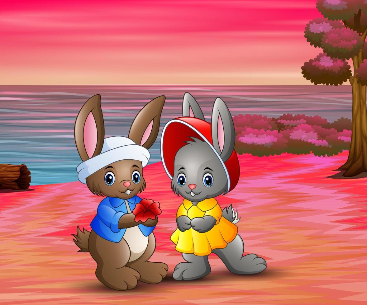 romantique d'un couple de lapins amoureux sur la plage vecteur