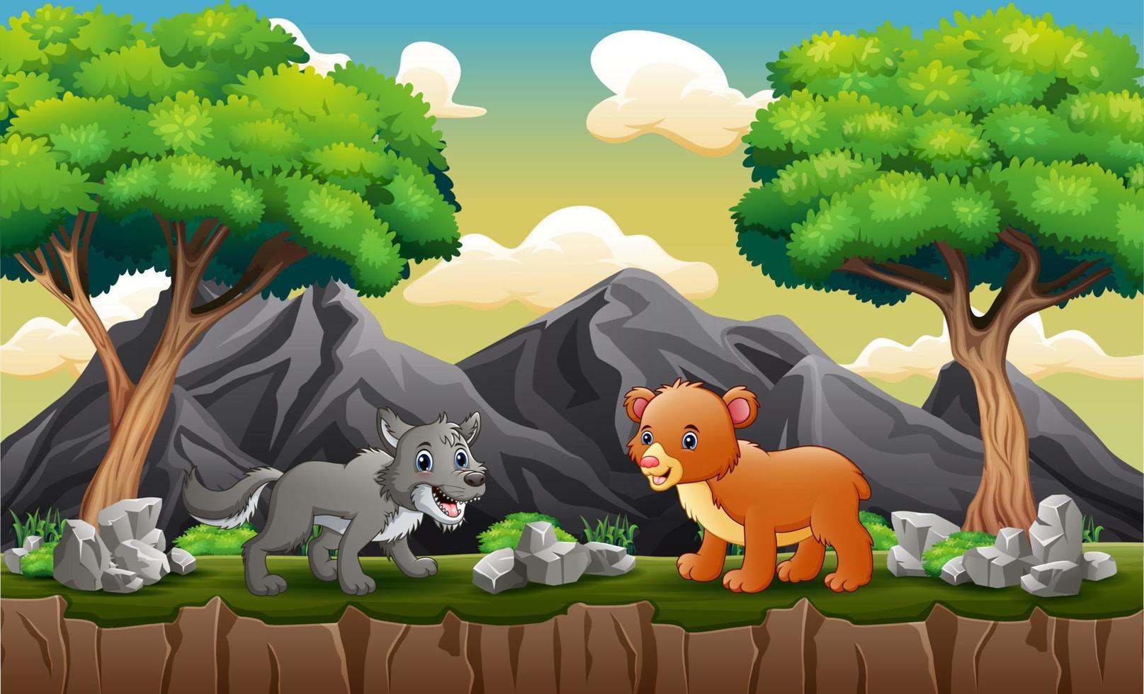 loup et bébé ours dans la jungle vecteur