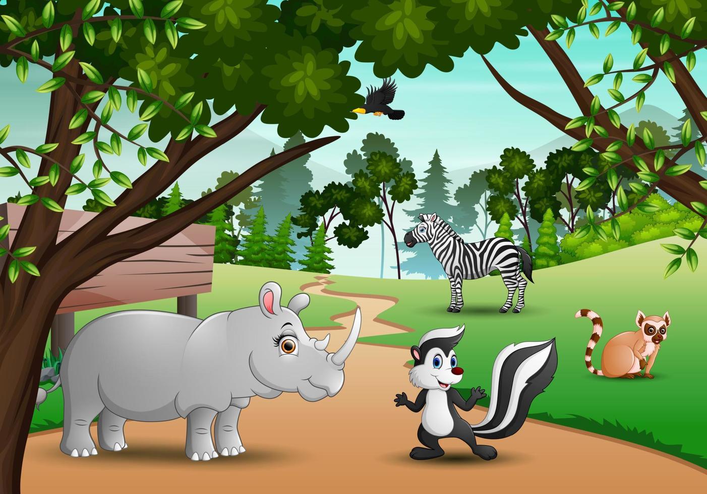 dessin animé d'animaux heureux dans la jungle vecteur