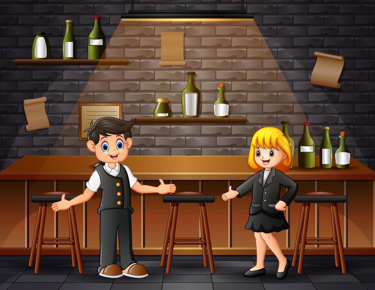 dessin animé un barman masculin et féminin sur le bar vecteur