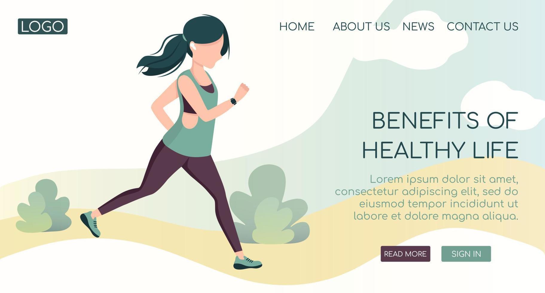 jeune femme courir en plein air dans des vêtements de sport avec un tracker de fitness et des écouteurs. sport, entraînement, cardio, mode de vie sain, fitness, entraînement, concept de course. page de destination d'illustration vectorielle vecteur