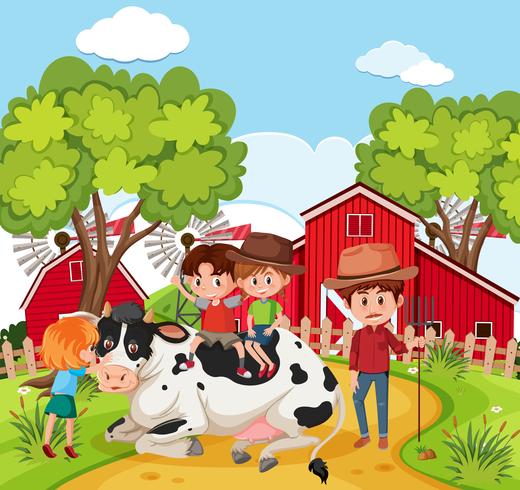Enfants jouant avec une vache vecteur