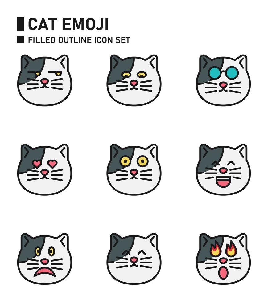 jeu d'icônes de contour rempli d'emoji de chat. vecteur