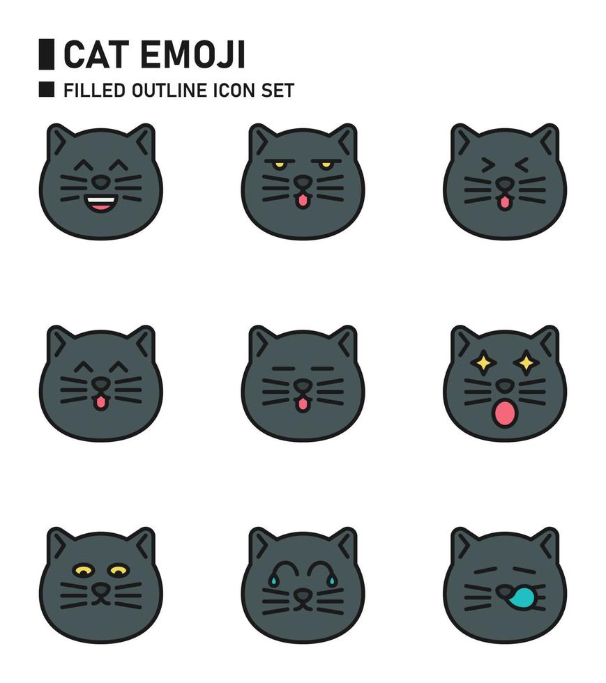 jeu d'icônes de contour rempli d'emoji de chat. vecteur