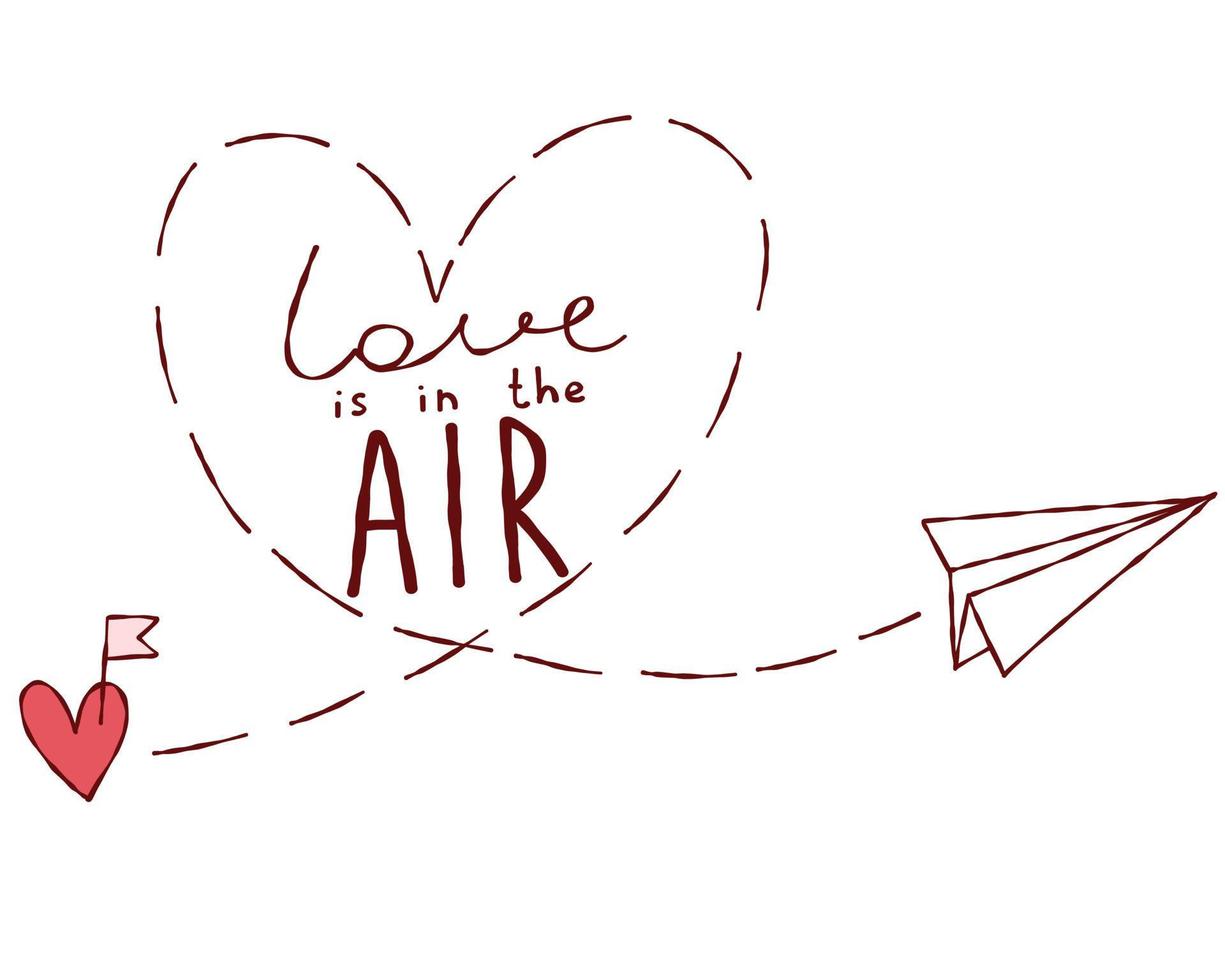 l'avion en papier mignon vole le texte l'amour est dans l'air. Doodle sur un fond isolé. coeur d'impression, bannière, brochure. vecteur