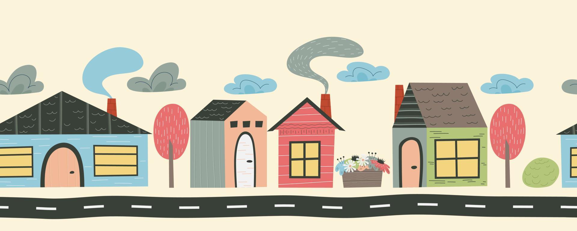 maisons scandinaves dans une frontière transparente. jolie rue de la ville avec des maisons, de la fumée, un arbre et une route pour le design des enfants. illustration vectorielle plane. vecteur