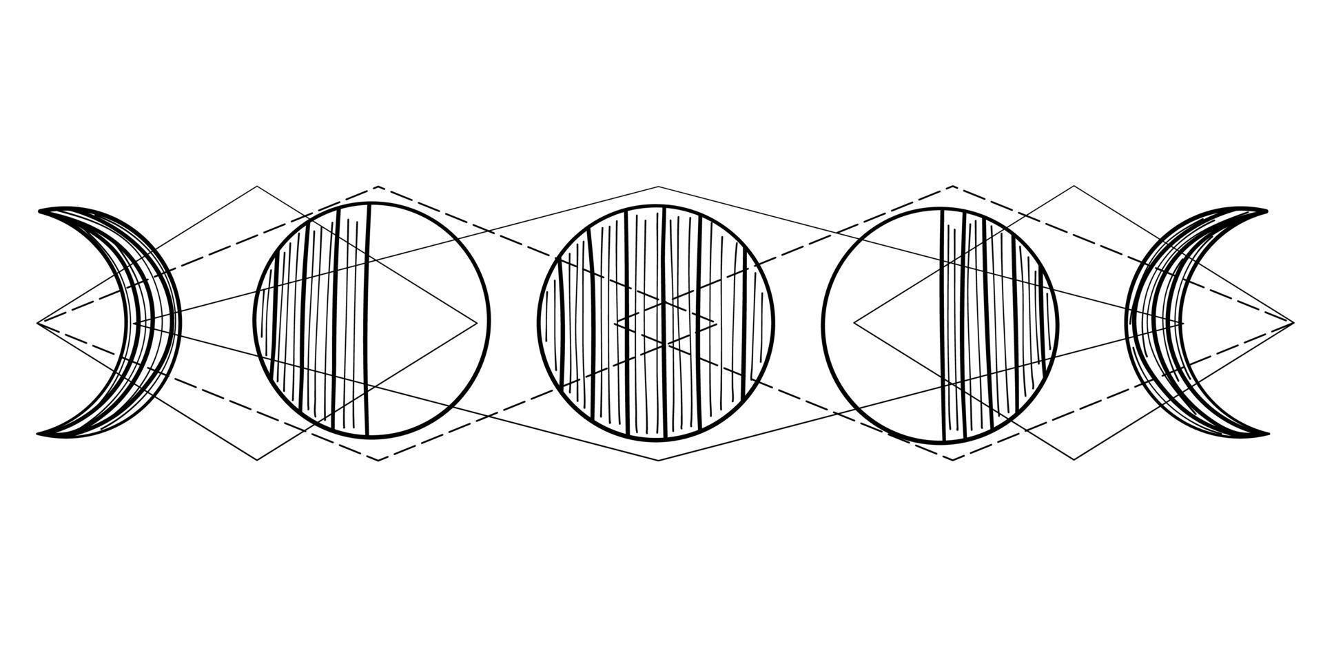 phases de lune silhouette noire dans un style vintage sur fond blanc. dessin de lune changeant dans le ciel. astrologie céleste spirituelle. bannière d'illustration vectorielle plane vecteur