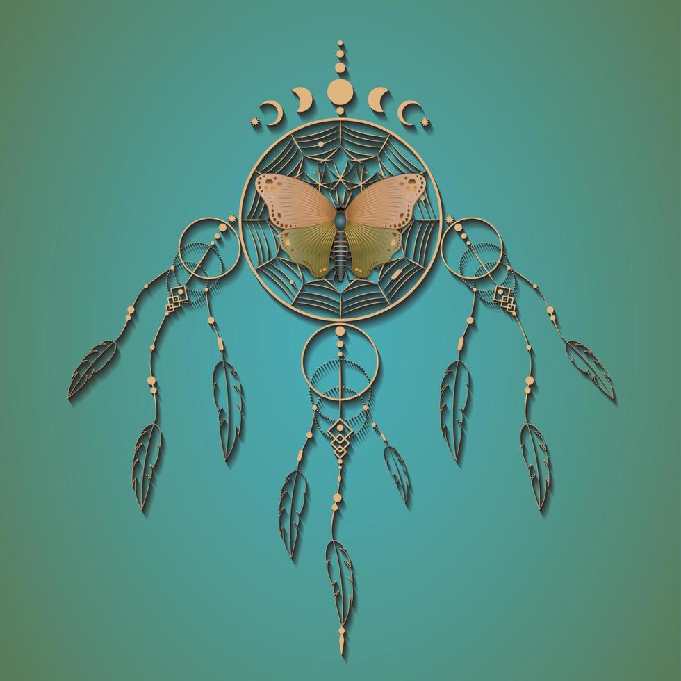 papillon sur dreamcatcher avec ornement de mandala et phases de lune. symbole mystique d'or, art ethnique avec design boho indien amérindien, vecteur isolé sur fond vert ancien