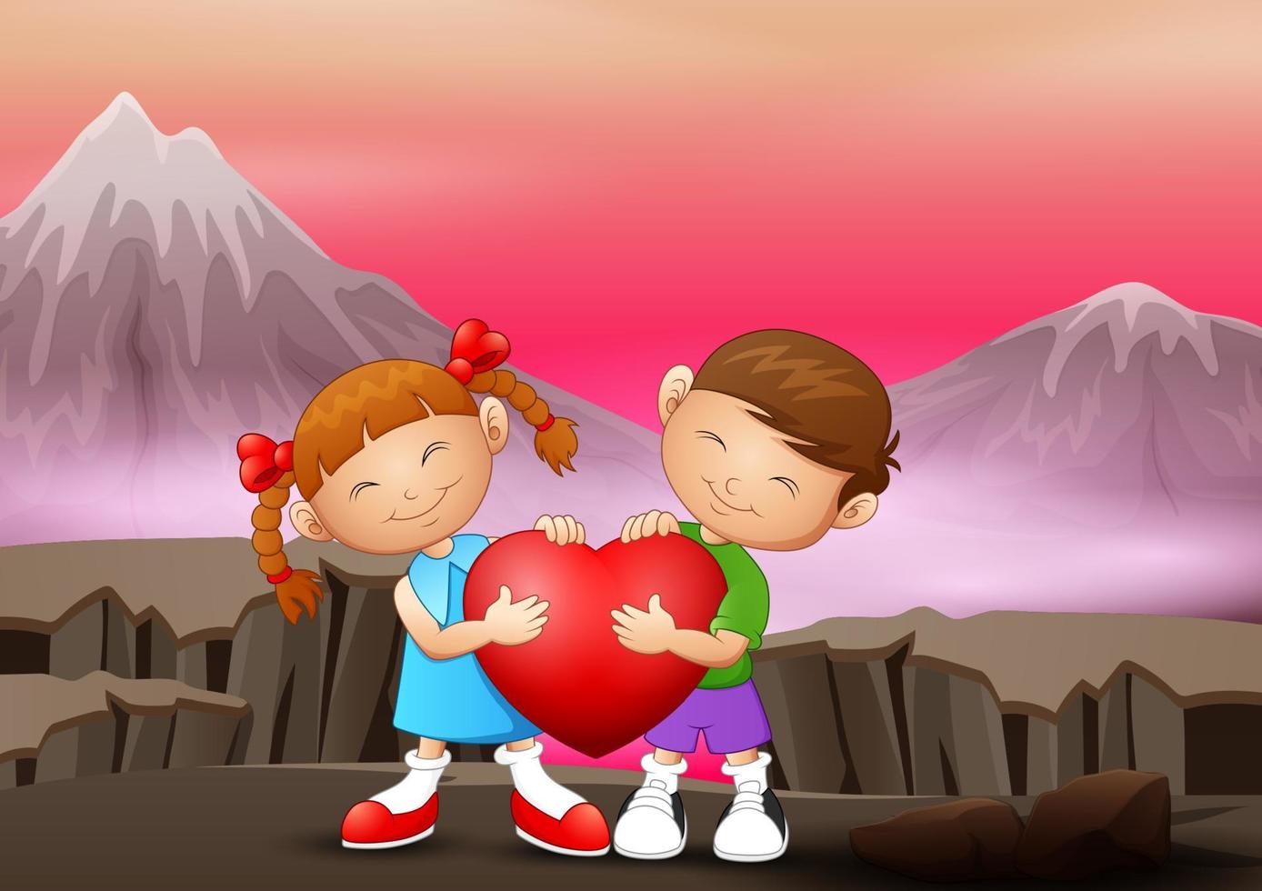 un couple enfant tenant un coeur sur la falaise vecteur