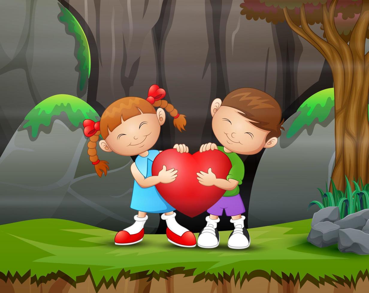 un couple enfant tenant un coeur le jour de la saint valentin vecteur