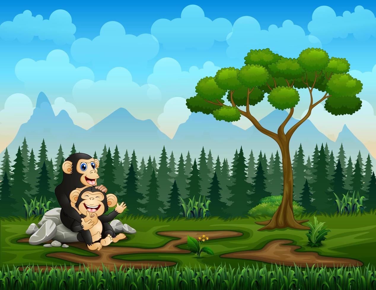 heureuse mère chimpanzé avec son bébé dans le champ vert vecteur