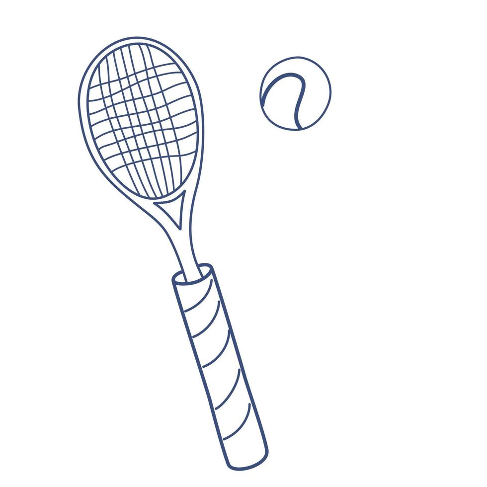 raquette et balle de tennis. raquette de badminton ou de ping-pong. dessin au trait d'équipement de sport. main de vecteur dessiner doodle illustration isolé sur fond blanc.