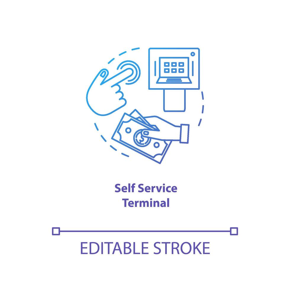 icône de concept de gradient bleu terminal libre-service. illustration de la ligne mince de l'idée de caisse gérée par le client. Système de paiement. caisse d'achat. transaction électronique. dessin de contour isolé de vecteur