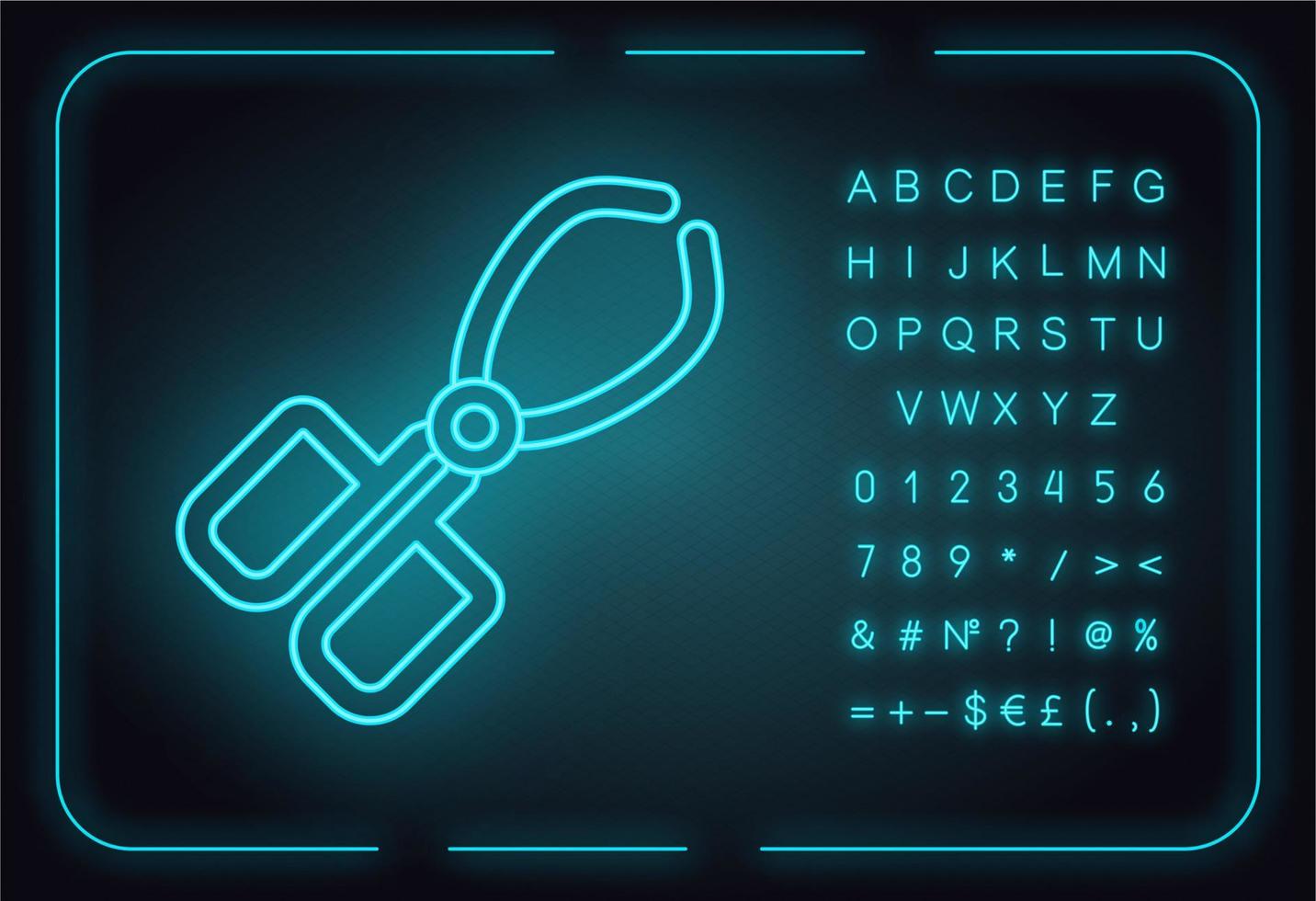 icône de néon de pinces creuset. chirurgien, équipement médical. instrument de laboratoire en acier inoxydable. pince à bécher. pince à pince. chimie organique. signe lumineux avec des symboles. illustration vectorielle isolée vecteur
