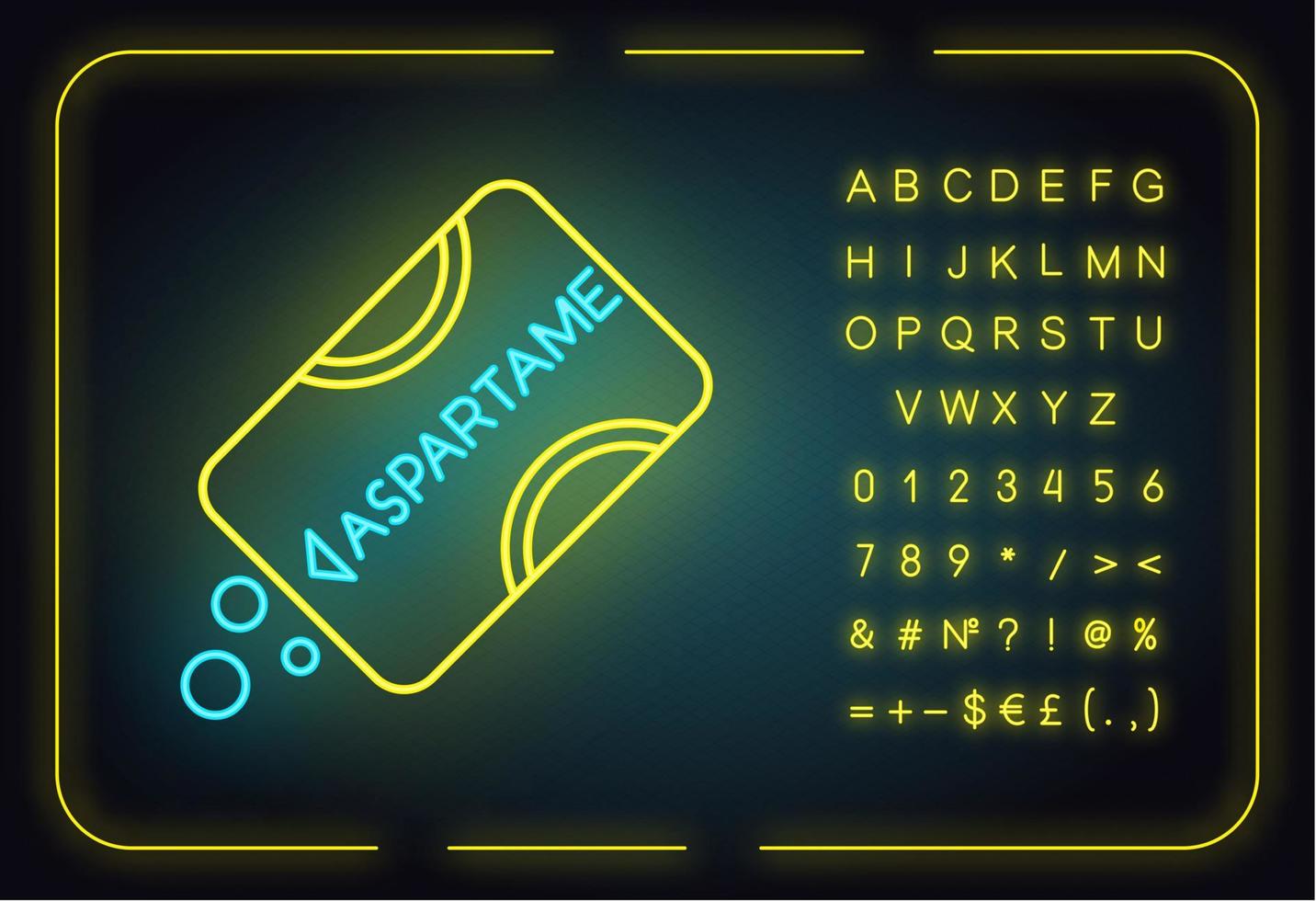 icône de néon d'aspartame. additif hypocalorique. édulcorant artificiel. substitut de sucre. produit de chimie organique. signe lumineux avec alphabet, chiffres et symboles. illustration vectorielle isolée vecteur