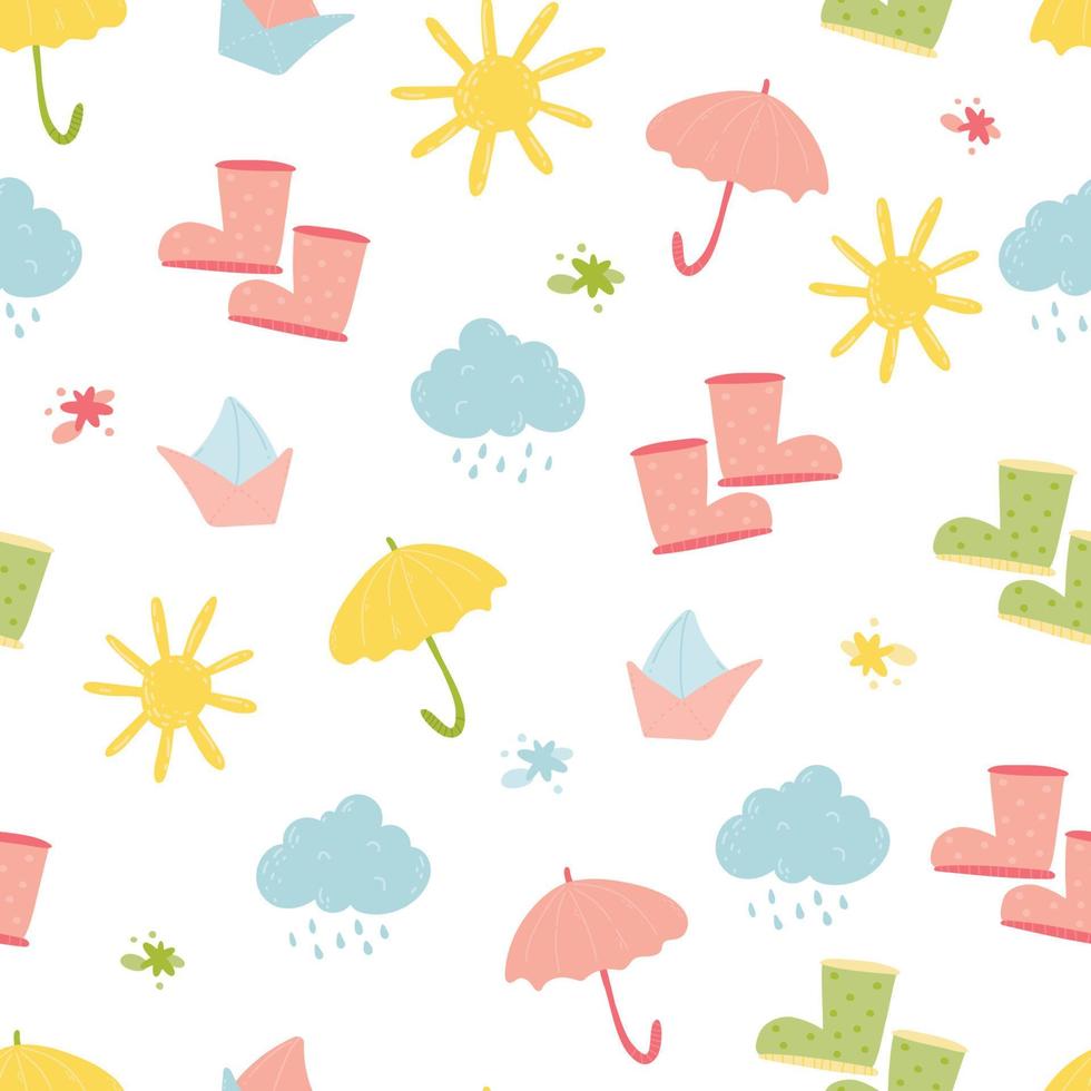 conception de modèle sans couture jour de pluie webspring avec parapluie, bottes, nuage, soleil, bateau en papier vecteur