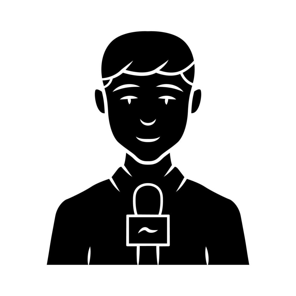 icône de glyphe de journaliste homme. présentateur de télévision, intervieweur avec microphone. présentateur TV. présentateur de nouvelles rapportant les dernières nouvelles. animateur de télévision. symbole de la silhouette. espace négatif. illustration vectorielle isolée vecteur