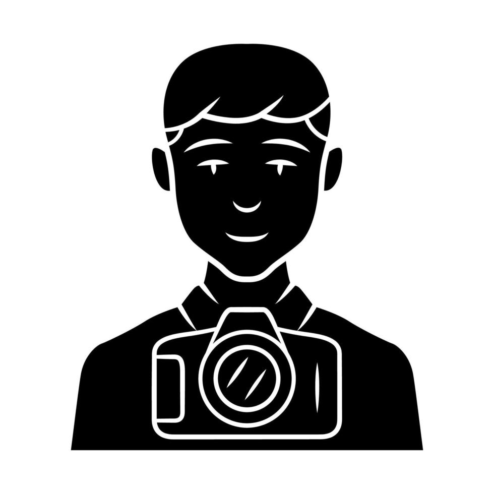 icône de glyphe de photojournaliste. photographe, paparazzi. faire un instantané. journaliste professionnel des médias. journaliste prenant une photo. symbole de la silhouette. espace négatif. illustration vectorielle isolée vecteur