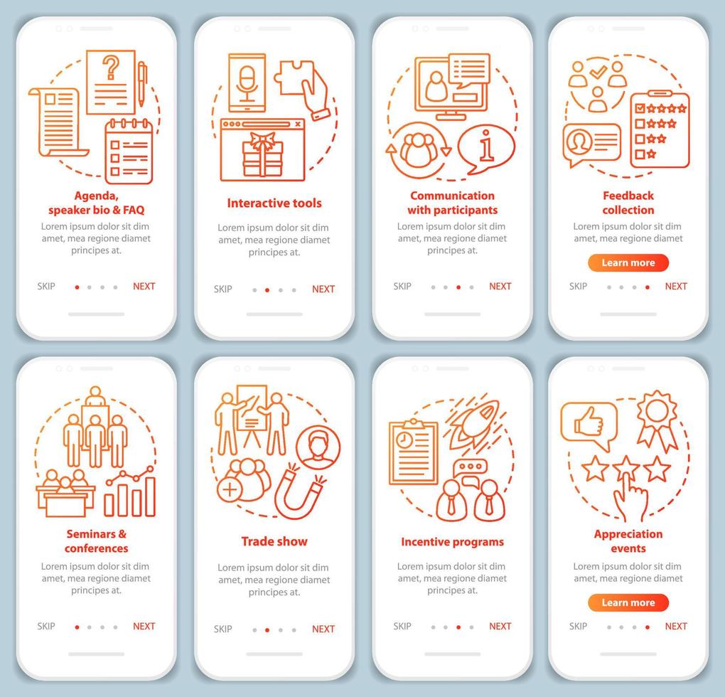 écran de page d'application mobile d'intégration du service de planification d'événements d'entreprise avec des concepts linéaires. instructions graphiques pas à pas pour la gestion des événements de l'entreprise. ux, ui, modèles vectoriels gui avec illustrations vecteur