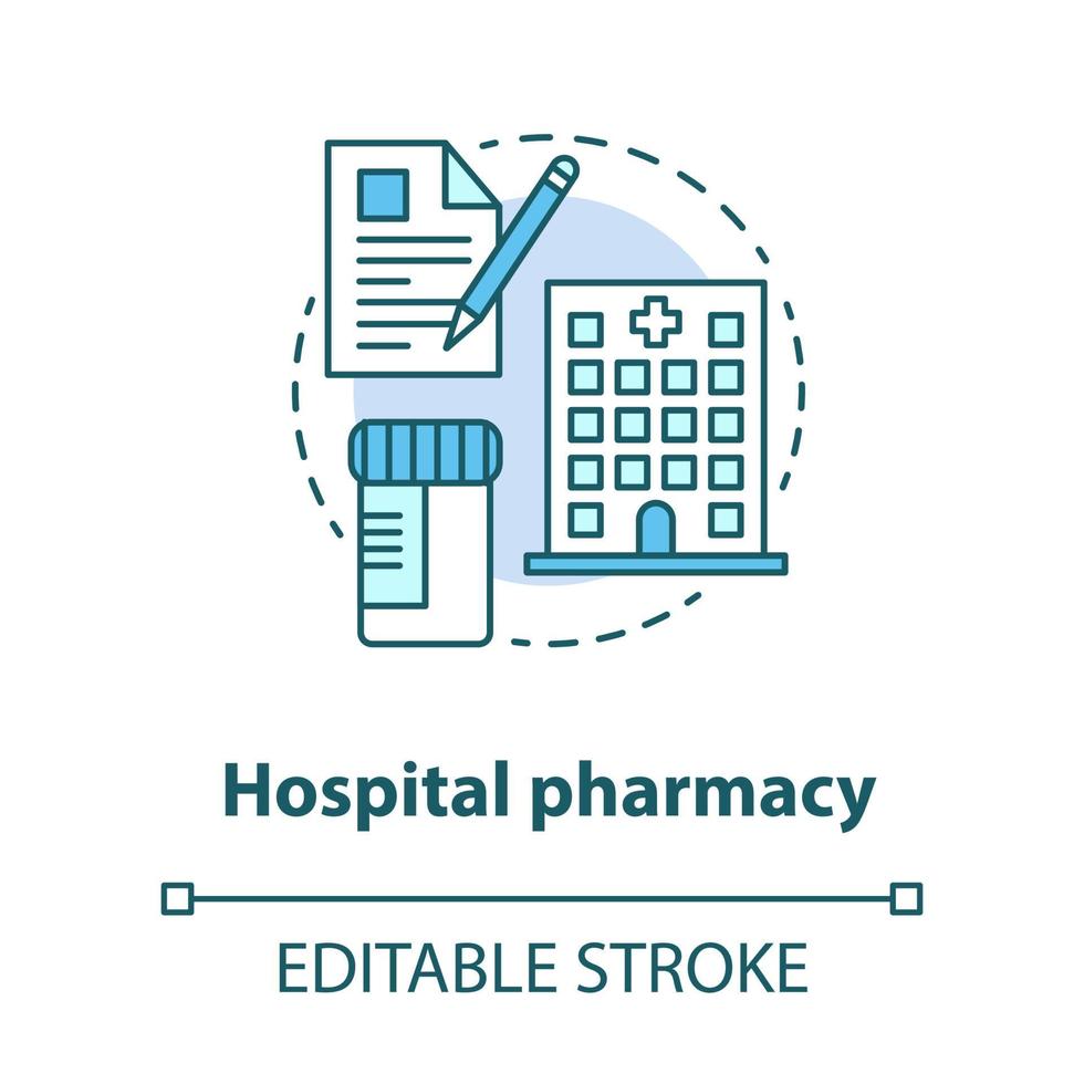icône de concept de pharmacie d'hôpital. illustration de fine ligne d'idée de médicament. traitement pharmaceutique en soins intensifs. prescription de soins ambulatoires. dessin de contour isolé de vecteur. trait modifiable vecteur