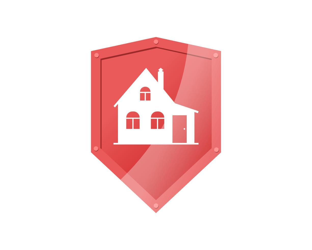 modèle de conception de logo de protection à domicile. bouclier rouge avec logo de la maison. symbole de sécurité de la propriété. icône d'alarme de bâtiment. signe de garde illustration eps isolé vecteur