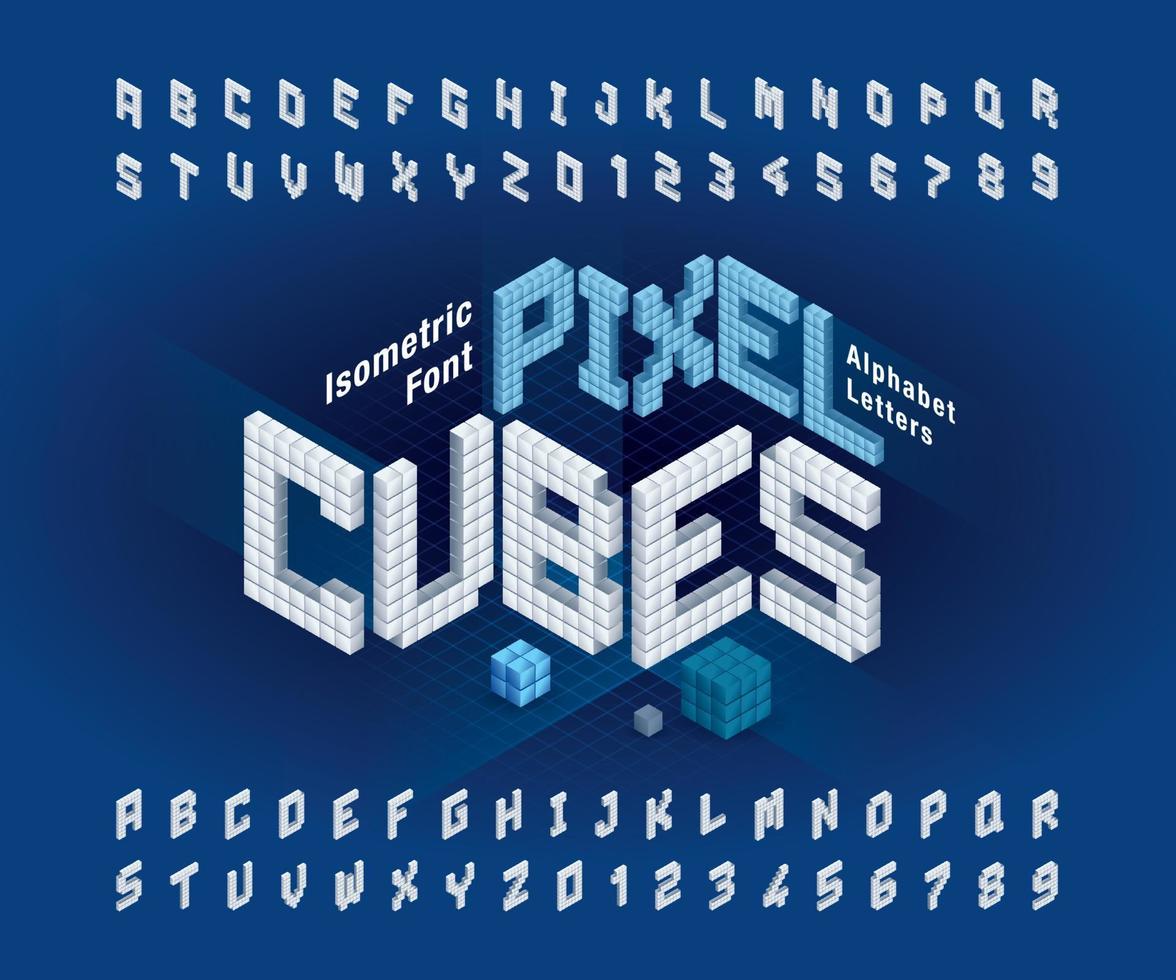 vecteur de lettres et de chiffres de l'alphabet cube, polices stylisées abstraites en pixels isométriques 3d