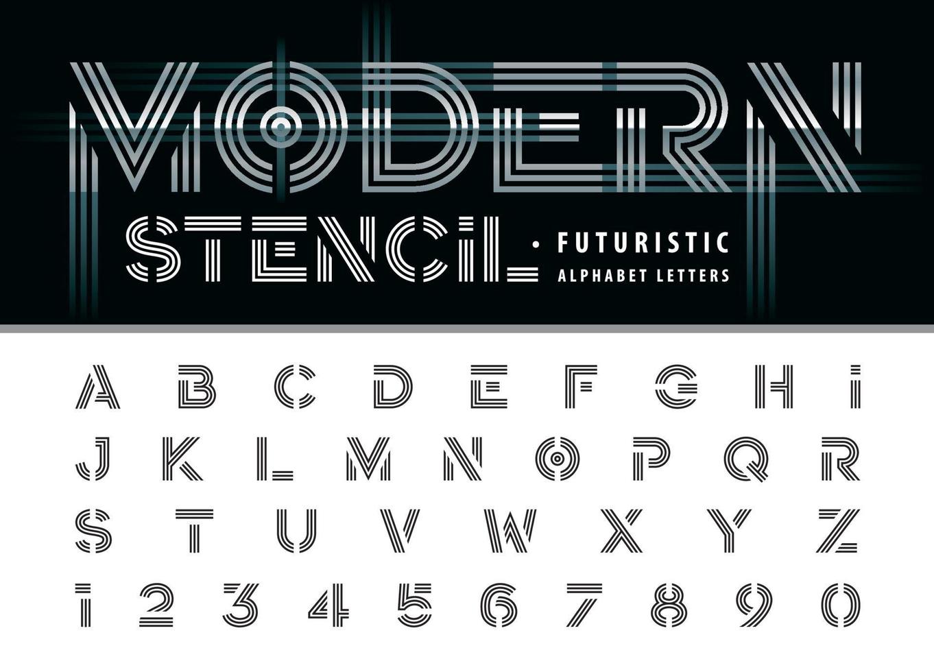 lettres et chiffres de l'alphabet moderne à trois lignes, jeu de polices minimal en gras pour la technologie, la mode, le futuriste. vecteur