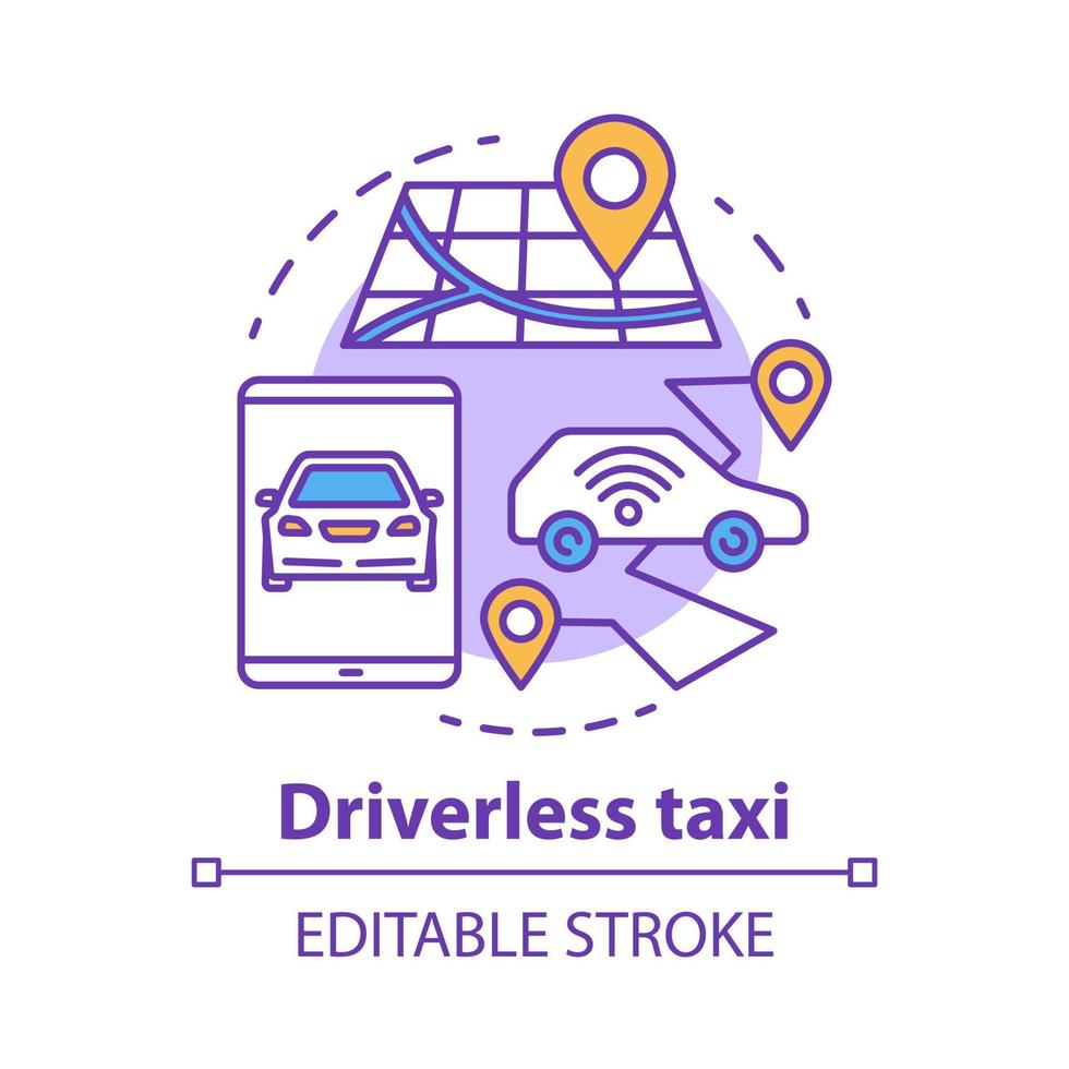 icône de concept de taxi sans conducteur. robo-cab. navigation en voiture autonome. déroute pour véhicule autonome. illustration de ligne mince d'idée de service de taxi mobile. dessin de contour isolé de vecteur. trait modifiable vecteur