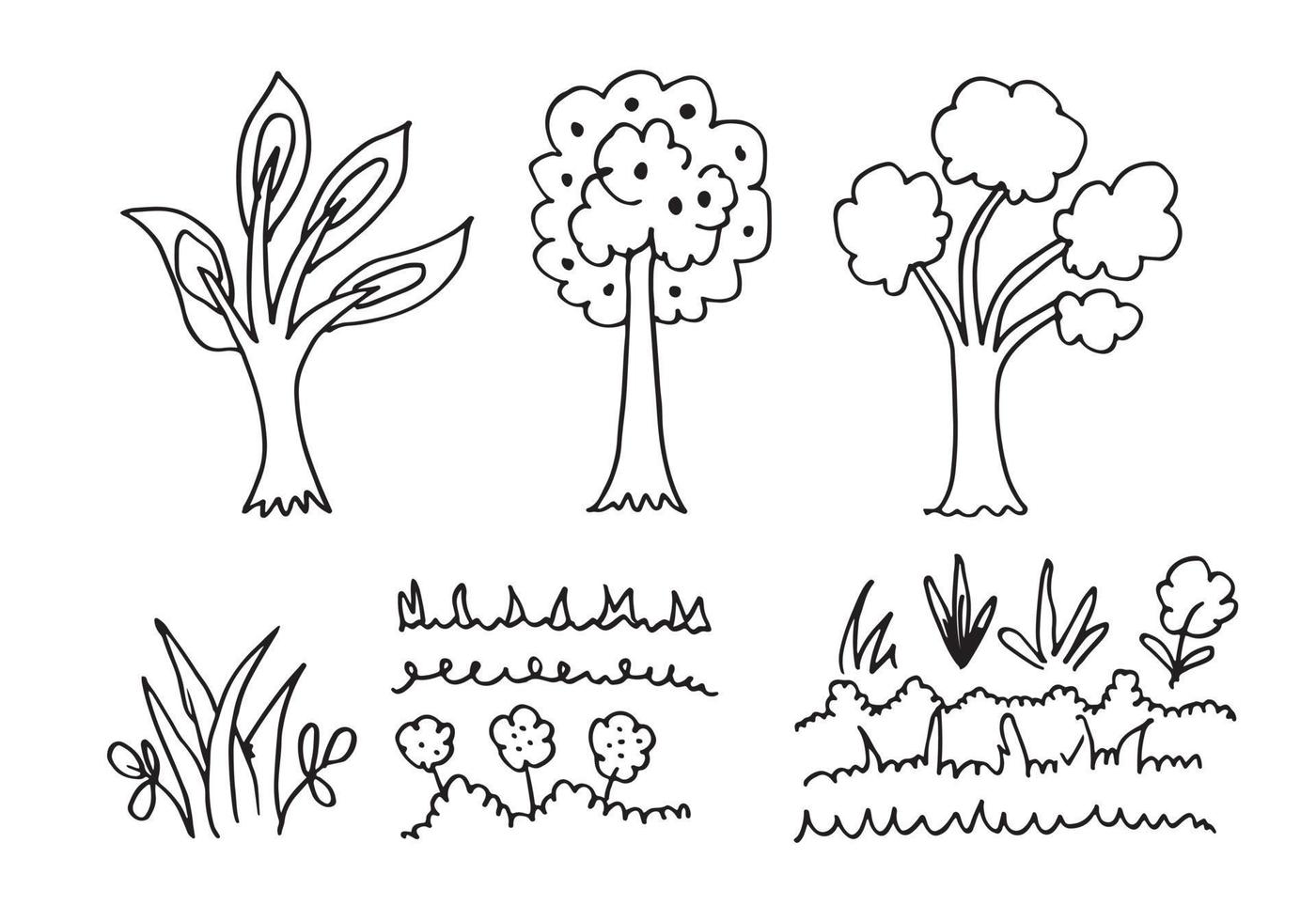 ensemble de doodle d'herbe de dessin animé et d'arbres. ensemble de vecteurs d'éléments de paysage isolé sur fond blanc. vecteur