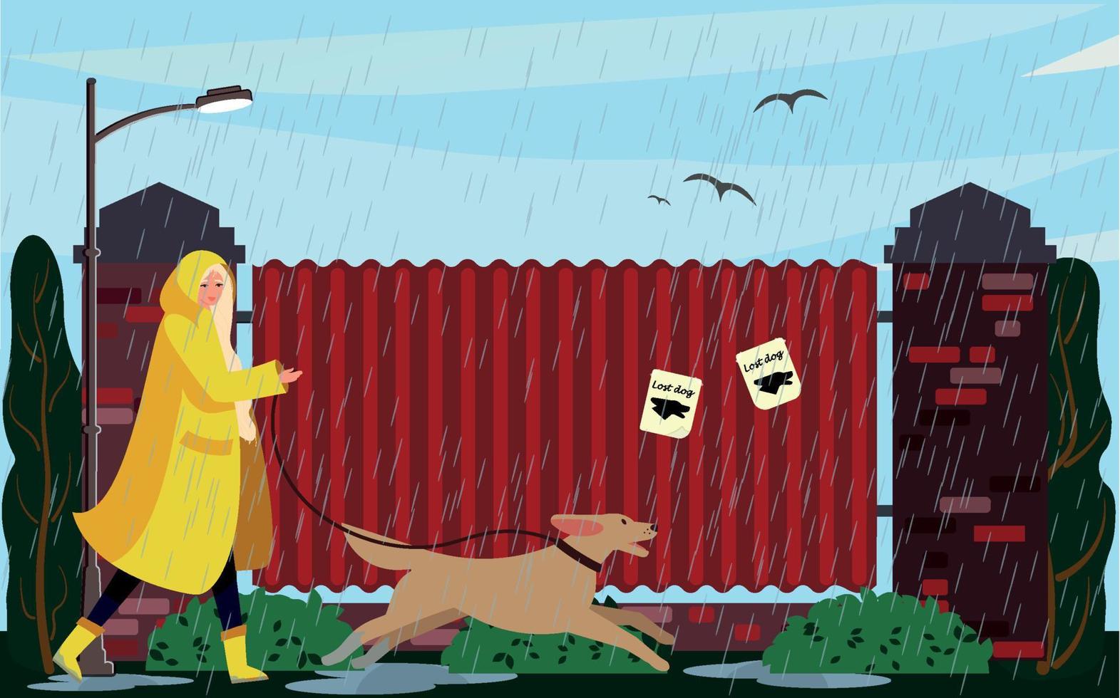 une femme se promène avec un chien dans le parc sous la pluie. concept de loisirs actifs. illustration vectorielle vecteur