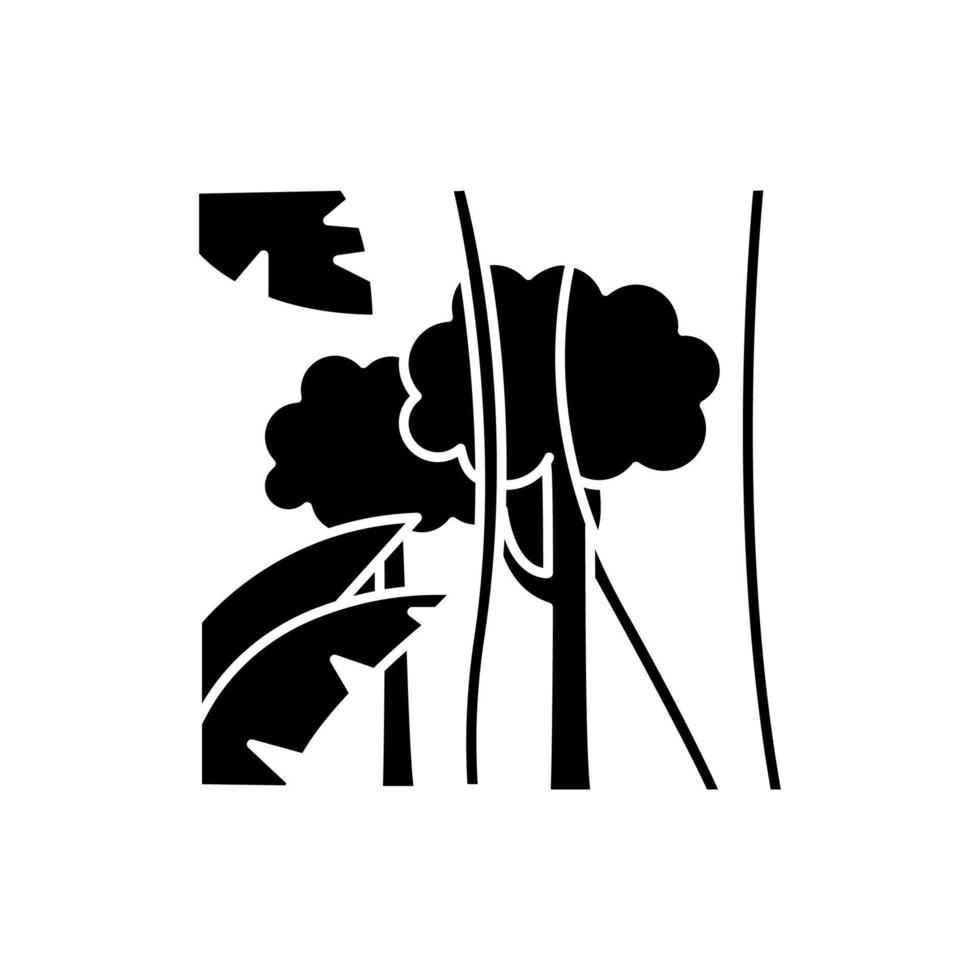 icône de glyphe de forêt tropicale. arbres et plantes exotiques. flore des îles indonésiennes. verdure tropicale. lianes de la jungle, arbres et feuilles de palmier. symbole de la silhouette. espace négatif. illustration vectorielle isolée vecteur