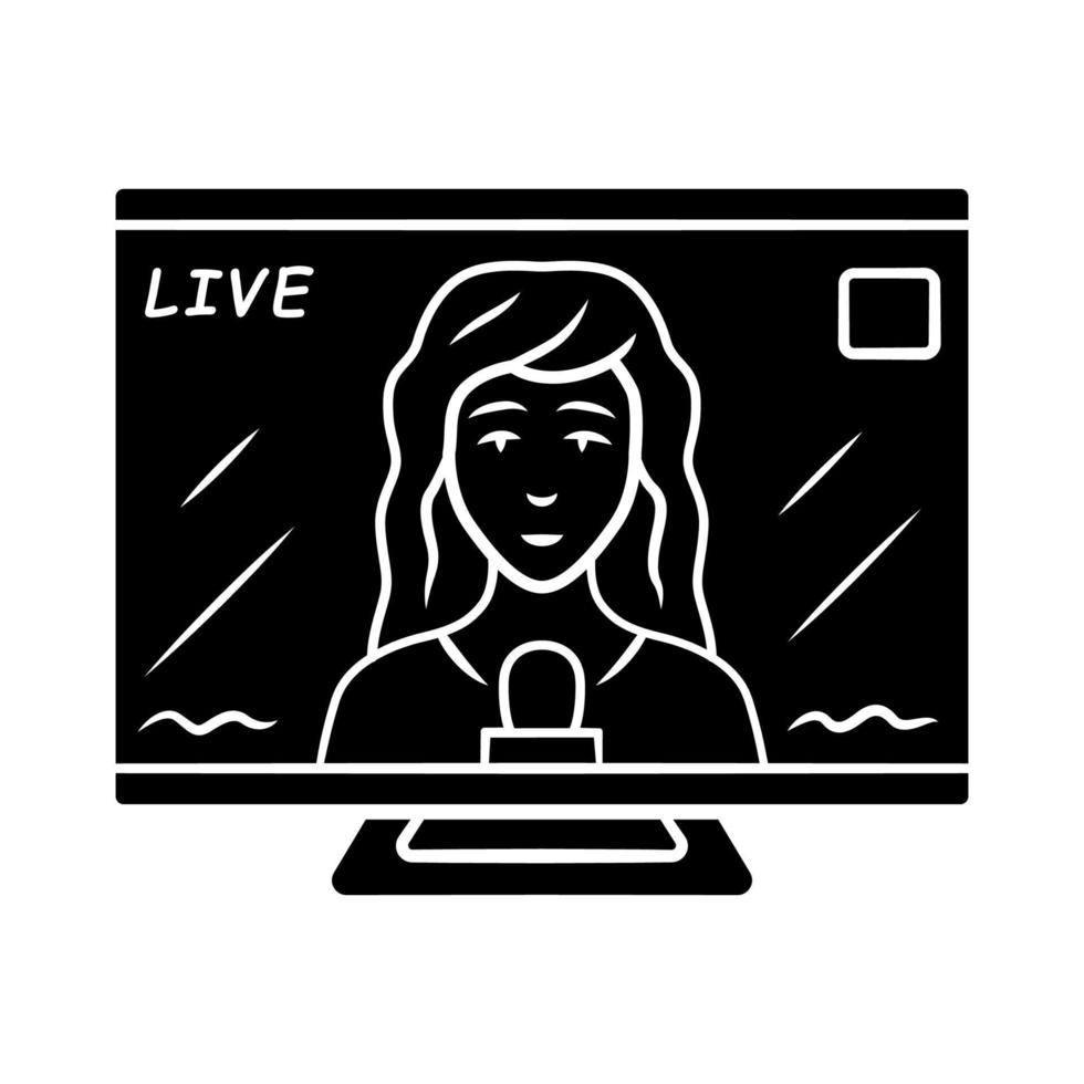 femme journaliste sur l'icône de glyphe de télévision. journaliste féminine rapportant les dernières nouvelles en direct. nouvelles. journaliste sur écran de télévision. symbole de la silhouette. espace négatif. illustration vectorielle isolée vecteur