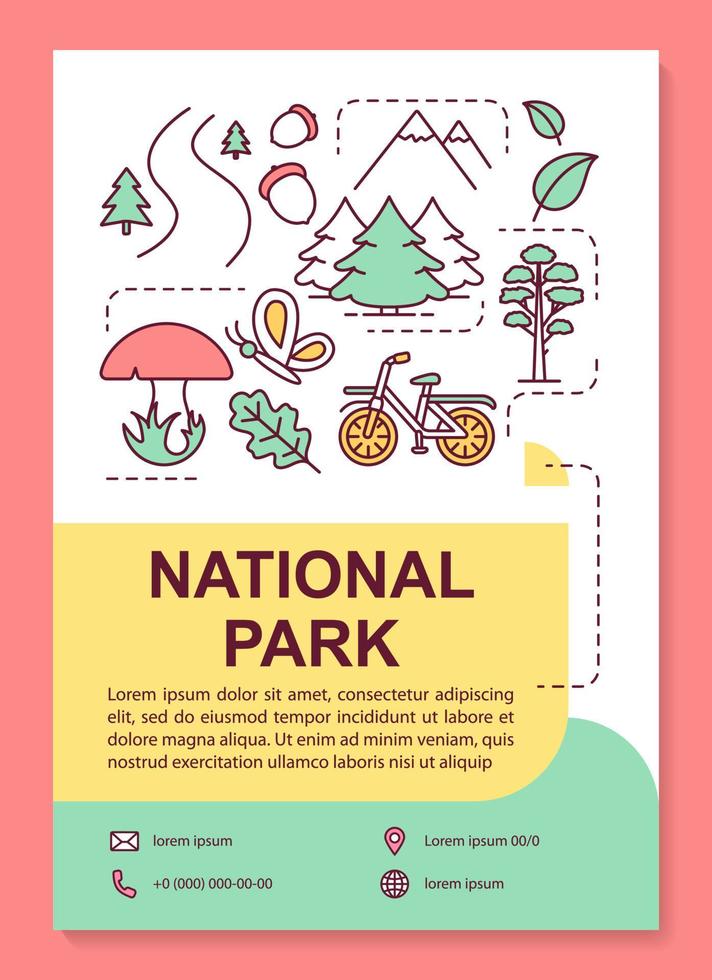 mise en page du modèle d'affiche du parc national. lieu public urbain récréatif. bannière, livret, conception d'impression de dépliant avec des icônes linéaires. mises en page de brochures vectorielles pour magazines, dépliants publicitaires vecteur