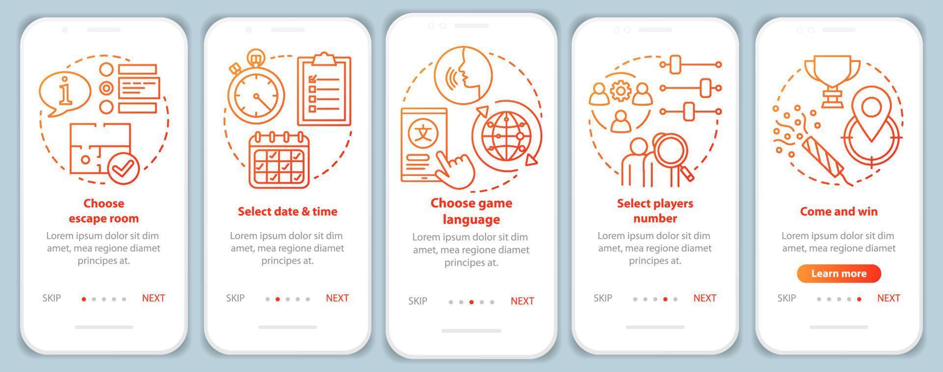 tutoriel de réservation de salle d'évasion écran de page d'application mobile d'intégration avec des concepts linéaires. choisissez la date de la quête. instructions graphiques des étapes d'alkthrough rouges. ux, ui, modèle vectoriel gui avec illustrations