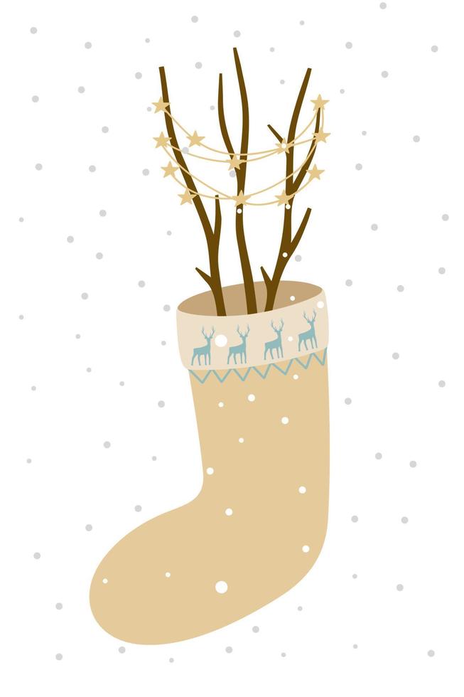 carte postale avec une botte en feutre avec des branches et une guirlande d'étoiles. la neige est en train de tomber. illustration vectorielle dans un style minimaliste. vecteur