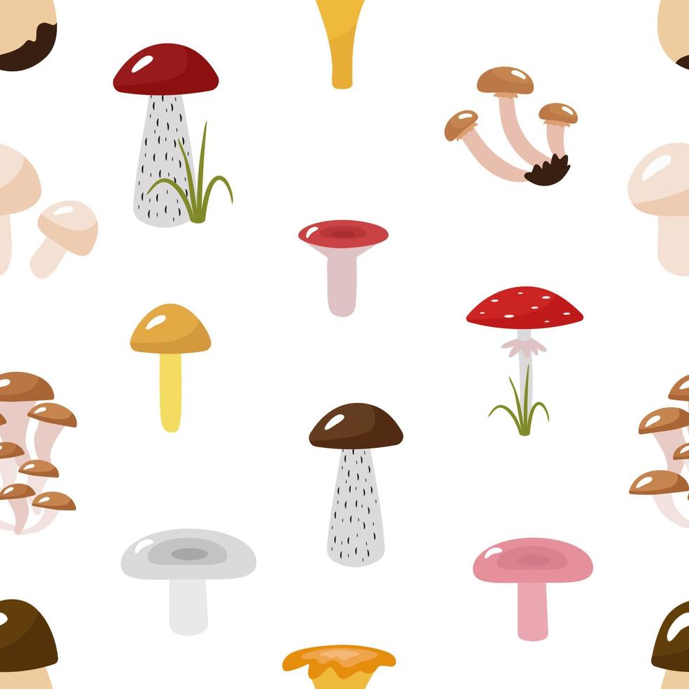 modèle sans couture, champignons d'automne. images de dessins animés podosinovik, podberezovik, syroezhka, tue-mouche, blanc, gingembre. illustration vectorielle. pour le design ou la décoration, impression sur papier ou tissu. vecteur