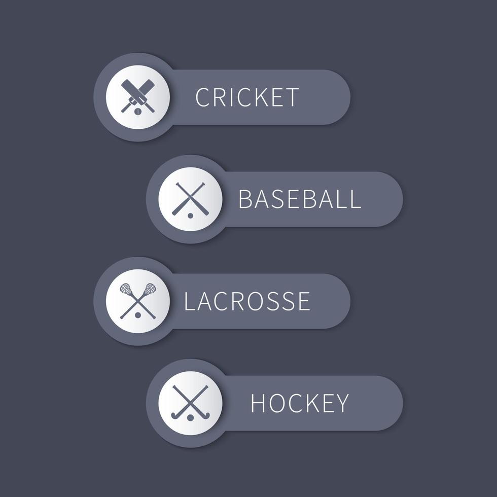 cricket, baseball, crosse, hockey sur gazon, étiquettes et bannières de sports d'équipe en gris, illustration vectorielle vecteur