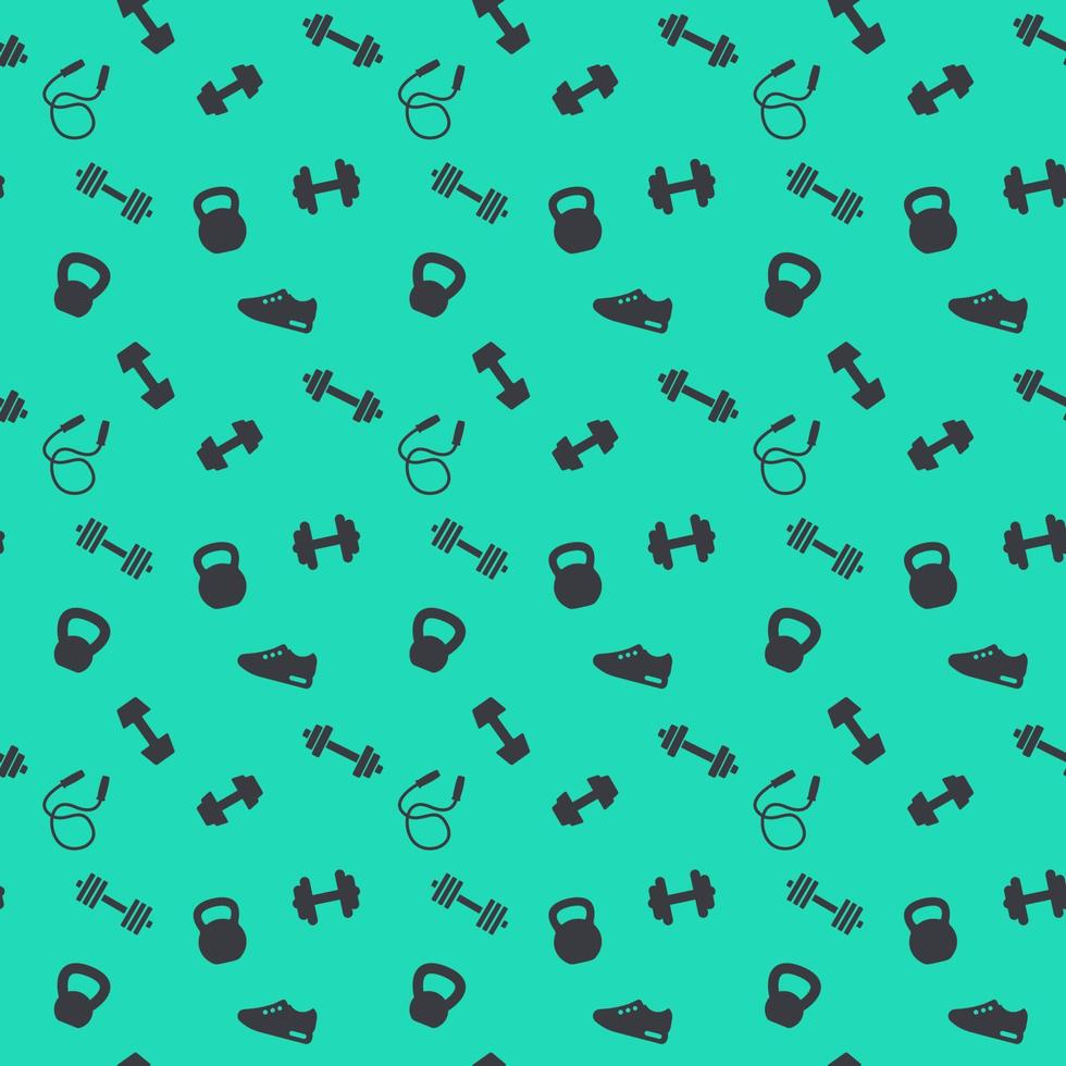 modèle sans couture avec icônes de gym, haltères, kettlebells, corde à sauter, chaussure d'entraînement, modèle en vert et noir, illustration vectorielle vecteur