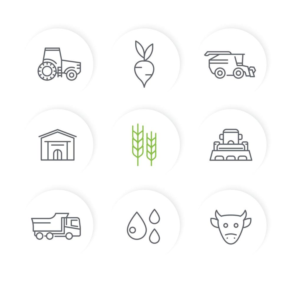 agriculture, ensemble d'icônes de ligne agricole, tracteur, agrimoteur, moissonneuse, bétail, machines agricoles, entrepôt vecteur