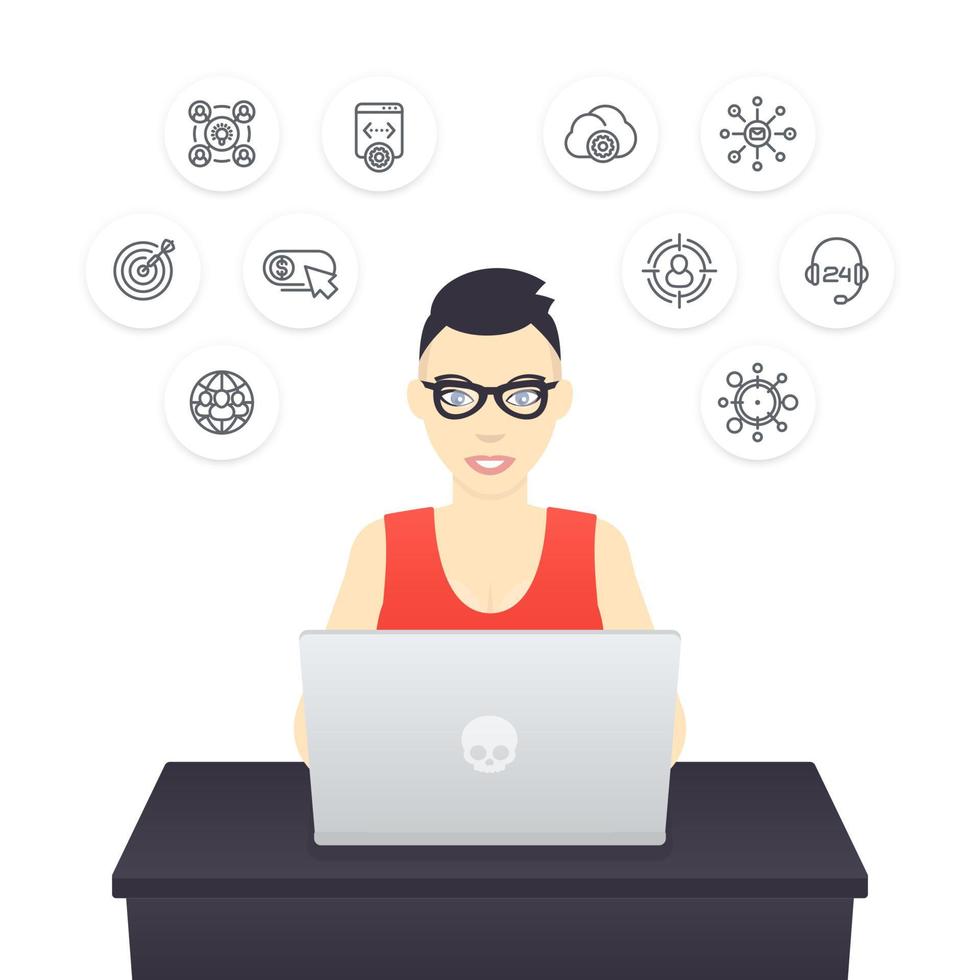 pigiste travaillant avec un ordinateur portable, jeune fille joyeuse à lunettes au travail, commerce électronique, marketing internet vecteur