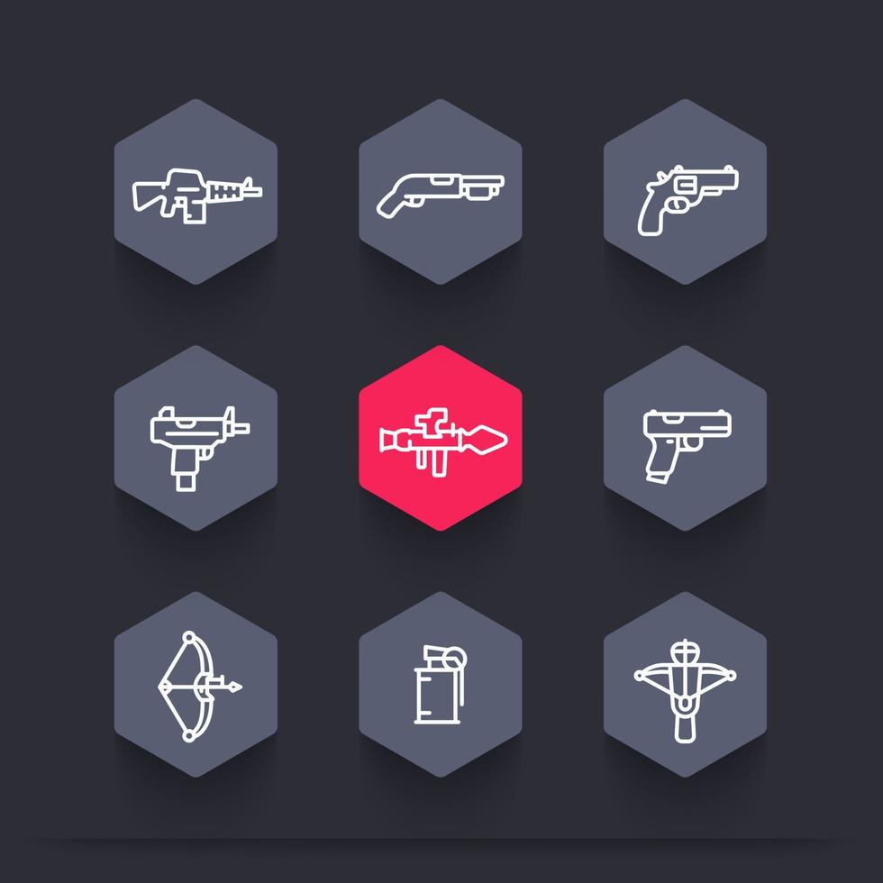 icônes d'armes définies dans un style linéaire, lance-roquettes, pistolet, mitraillette, fusil d'assaut, revolver, fusil de chasse, grenade vecteur