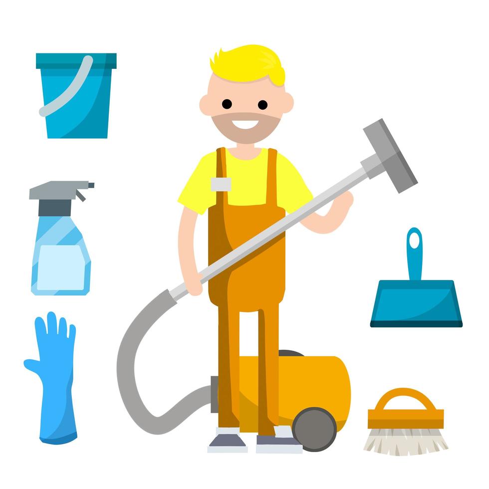 homme en combinaison orange avec tuyau d'aspiration pour nettoyer la maison de la poussière et de la saleté. vecteur
